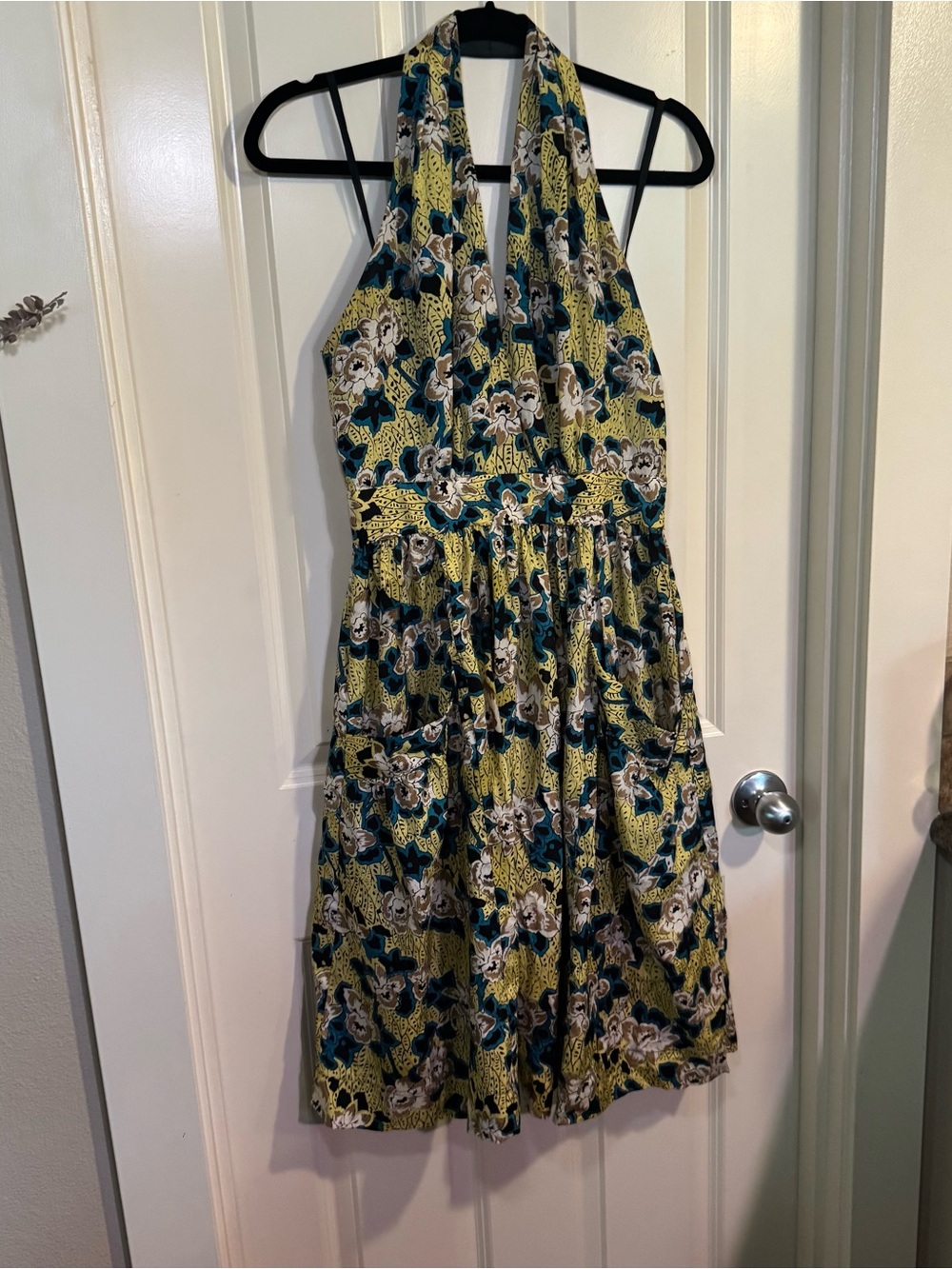James Coviello Floral Halter Dress in Yellow, Teal & Black with Pockets